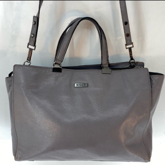 AUTH MILLY GUNMETAL GRAY CHAINLINKED XL LEATHER SATCHEL HANDBAG W/ LONG STRAP! - Picture 3 of 16